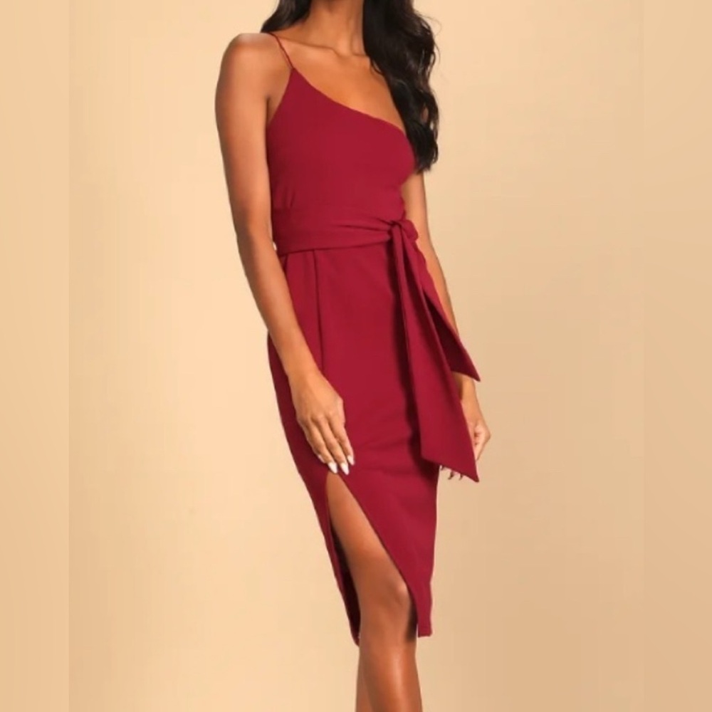 One Shoulder Burgundy Dress with Slit